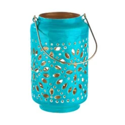 Laterne Höhe 25 Cm BLUE MAROCCO In Petrol-Gold